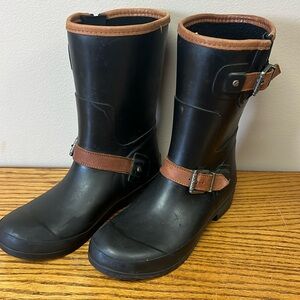 Sperry Waterproof Rubber Rain Boots, Black with Leather Details, Women’s Size 6